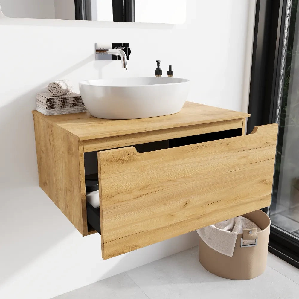 Mobile bagno sospeso 60 cm rovere chiaro un cassettone con top | Bako