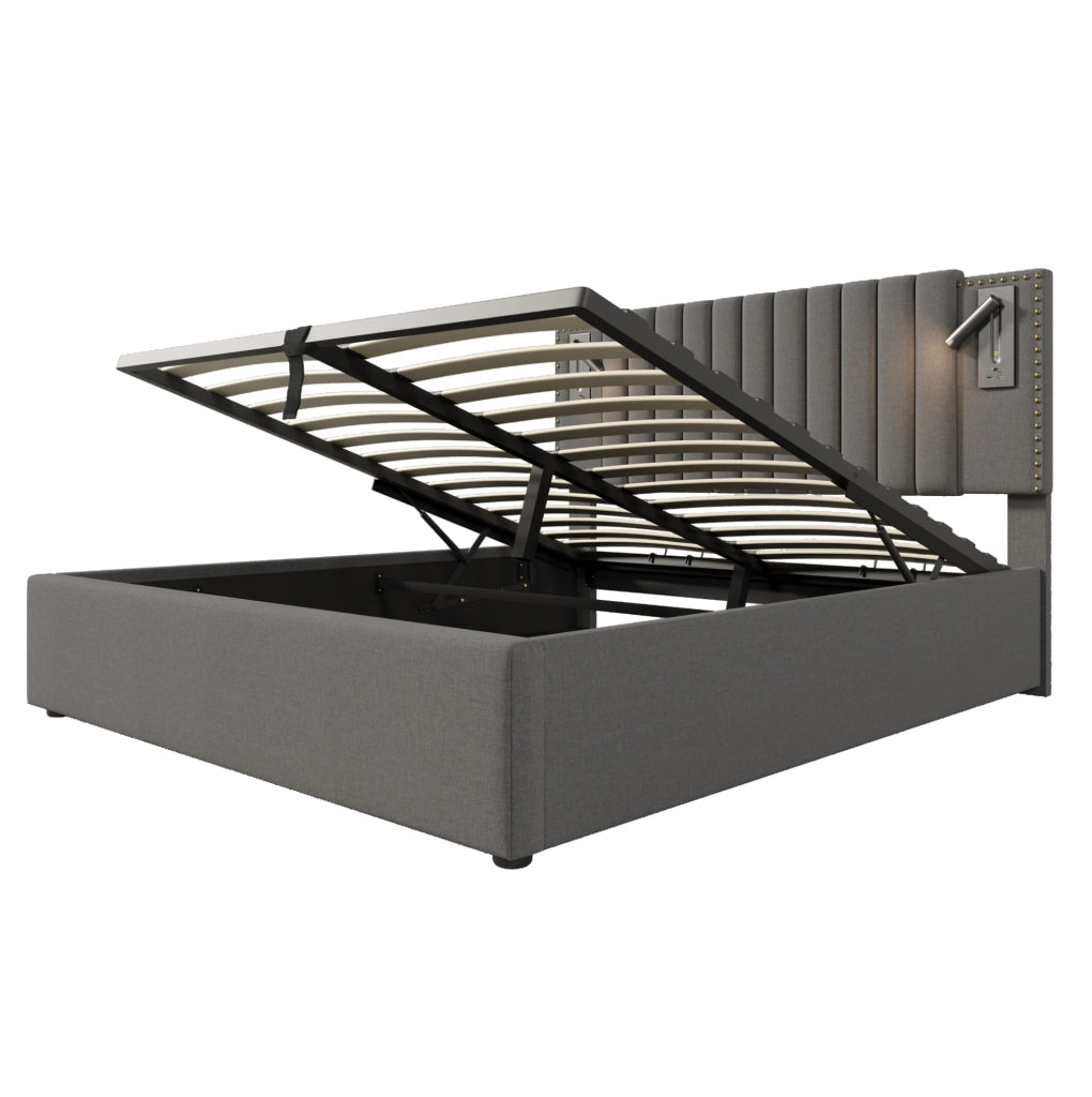 Letto contenitore 140x200 cm con rete a doghe; luci da lettura e USB/Type-C; cotone grigio