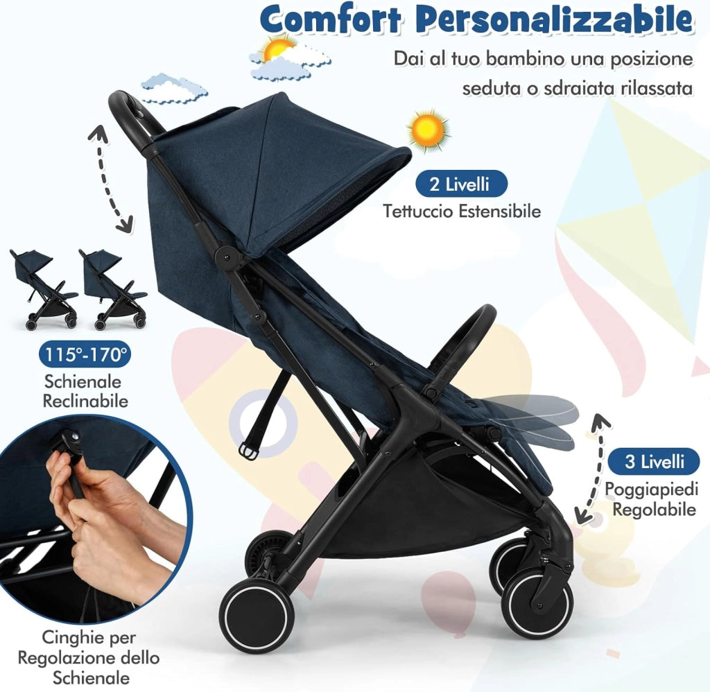Passeggino Leggero per Bambini, Passeggino da Viaggio con Schienale Regolabile, Passeggino Portatile per Bambini con Schienale Reclinabile e Cappotta Regolabile, per Bambini 0-3 Anni (Blu)
