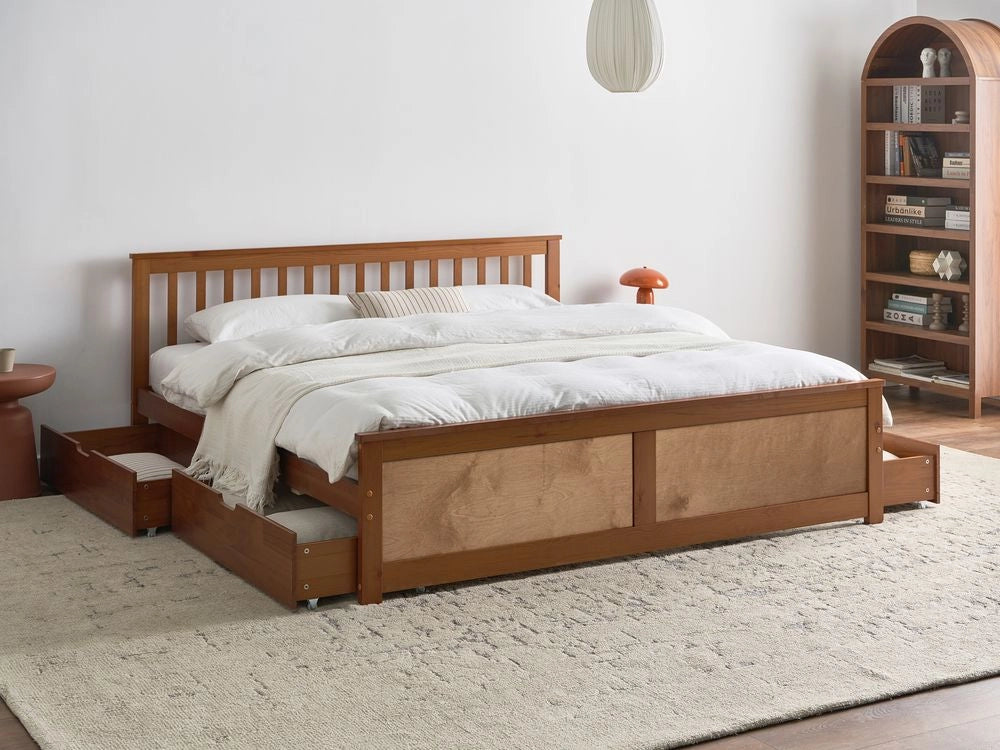 Letto matrimoniale in legno di pino e MDF 180 x 200 cm con contenitore a 4 cassetti marrone stile minimalista