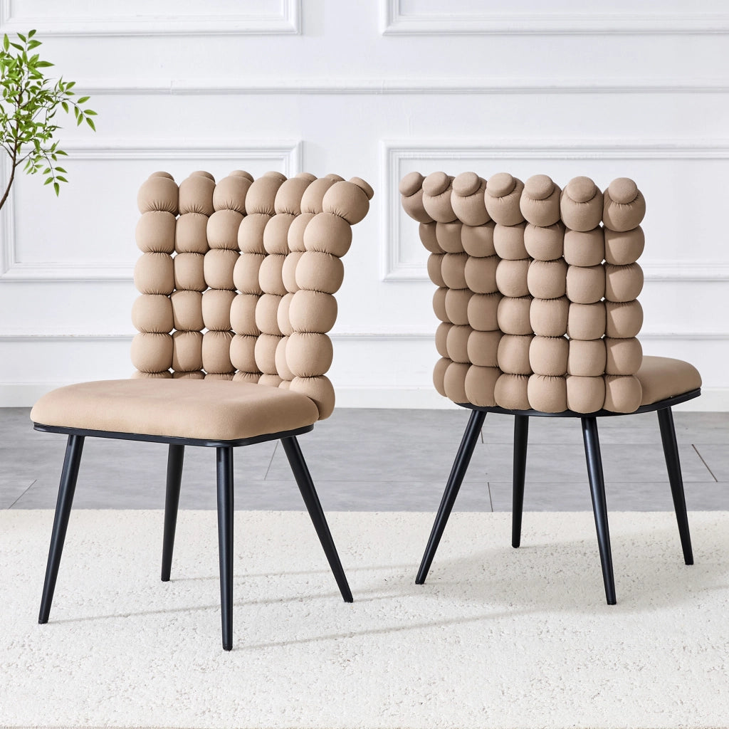 Sedia da Pranzo con Schienale a Catena di Sfere, Design Moderno, in Velluto e Metallo, Cammello