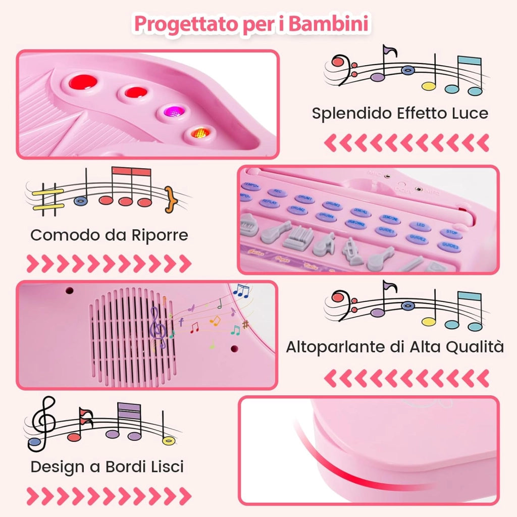 Pianoforte Elettronico per Bambini a 37 Tasti con Microfono e Sgabello, Tastiera Digitale Pianoforte a Coda Giocattolo Multifunzionale Portatile, Funzione di Registrazione e Riproduzione ,Rosa