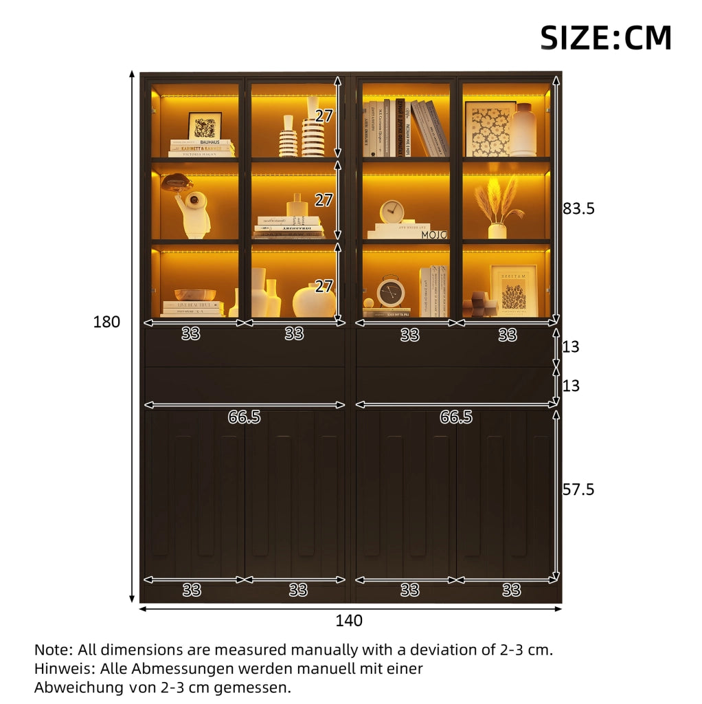 Set 2 vetrine 140x34x180 cm con LED Bluetooth; vetro temperato e 2 cassetti nero HOMVRA
