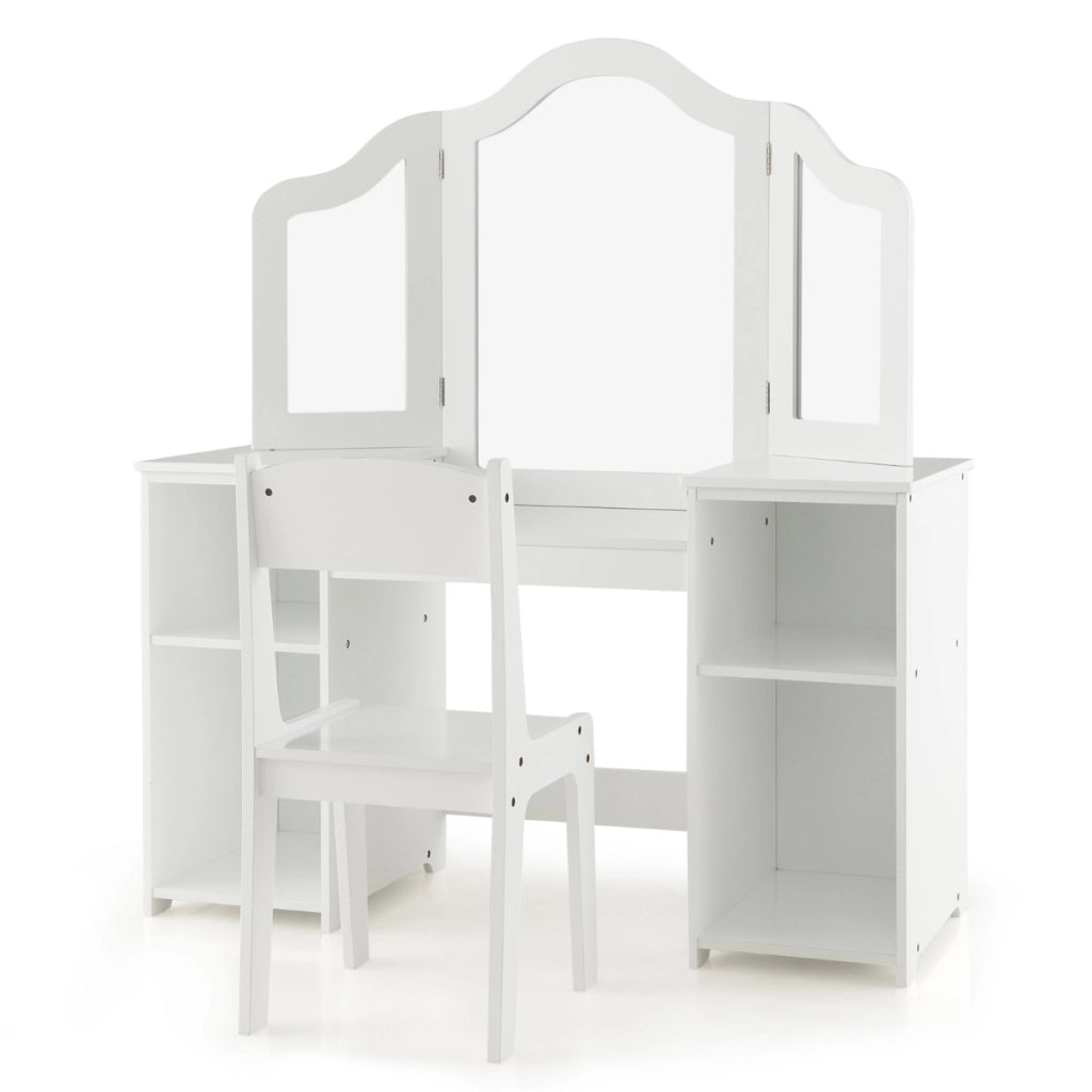 Set tavolo da trucco sedia per bambini con specchio a 3 ante rimovibile, Set 2-in-1 di vanit¨¤ per ragazze Bianco-Toelette per bimbi