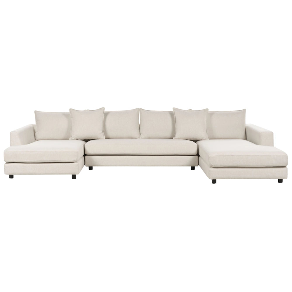 Divano ad angolo Beige Chiaro Tappezzato in poliestere Moderno a U 5 posti con pouf Cuscini extra Schienale imbottito