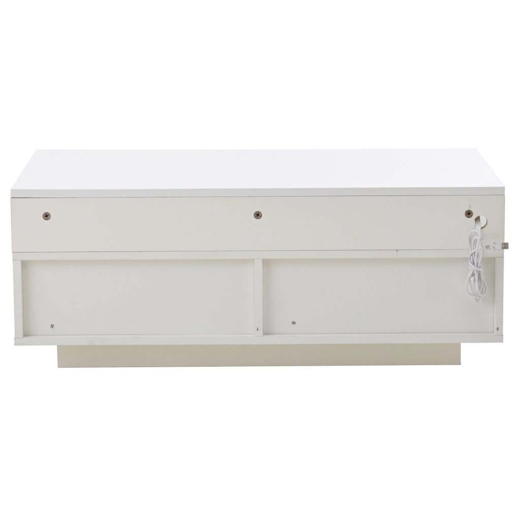 Tavolino da salotto 90x45x35;5 cm bianco lucido con vassoio; 2 cassetti e LED