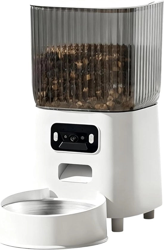 Automaizzatore di alimentazione intelligente per animali domestici 5L con sistema di alimentazione automatico a camera, contenitore in acciaio inossidabile, controllo via smartphone, rilevamento vocale e rilevamento movimenti.