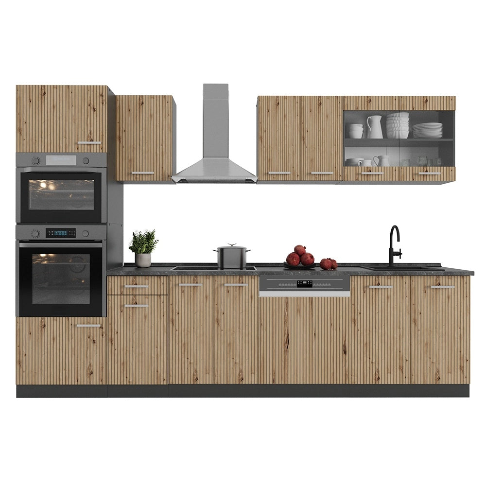 Cucina componibile R-Line Rovere artigianale/Antracite 300 cm con armadio alto, PL Marmo Vicco