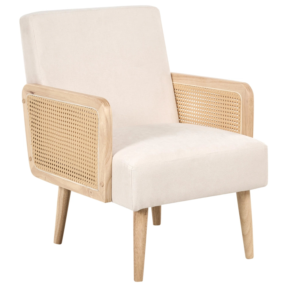 Poltrona tessuto  beige chiaro design retrò struttura in legno soggiorno