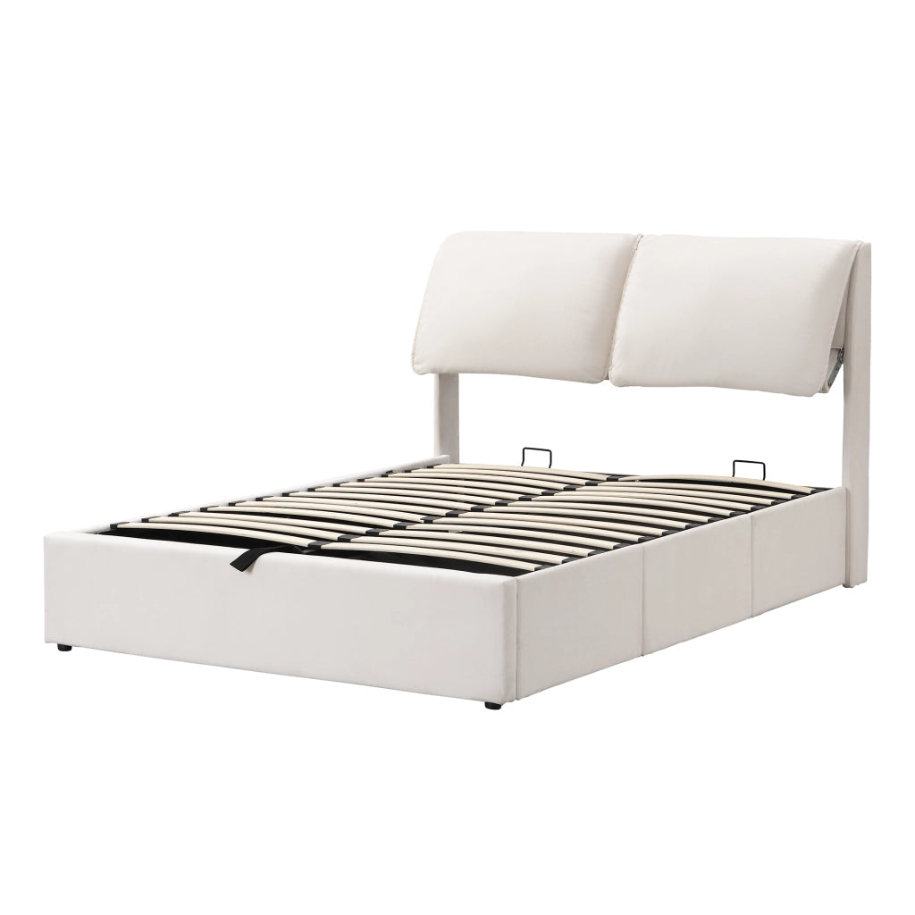 Letto imbottito idraulico - Zephmum-140x200- Beige- Tre cassetti, contenitore, rete con testiera