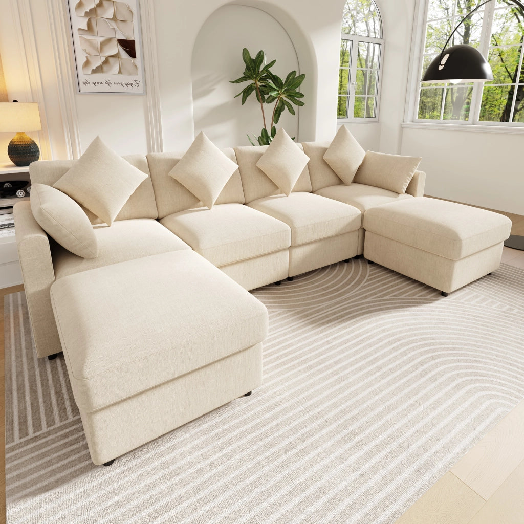 Divano modulare angolare in chenille con braccioli regolabili, pouf e cuscini beige 284 × 156,5 × 86 cm