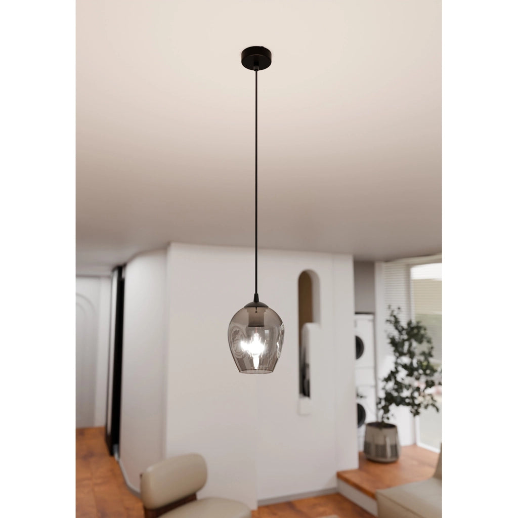 Sospensione 1 Luce Fuxi In Acciaio Nero E Vetro Fumè
