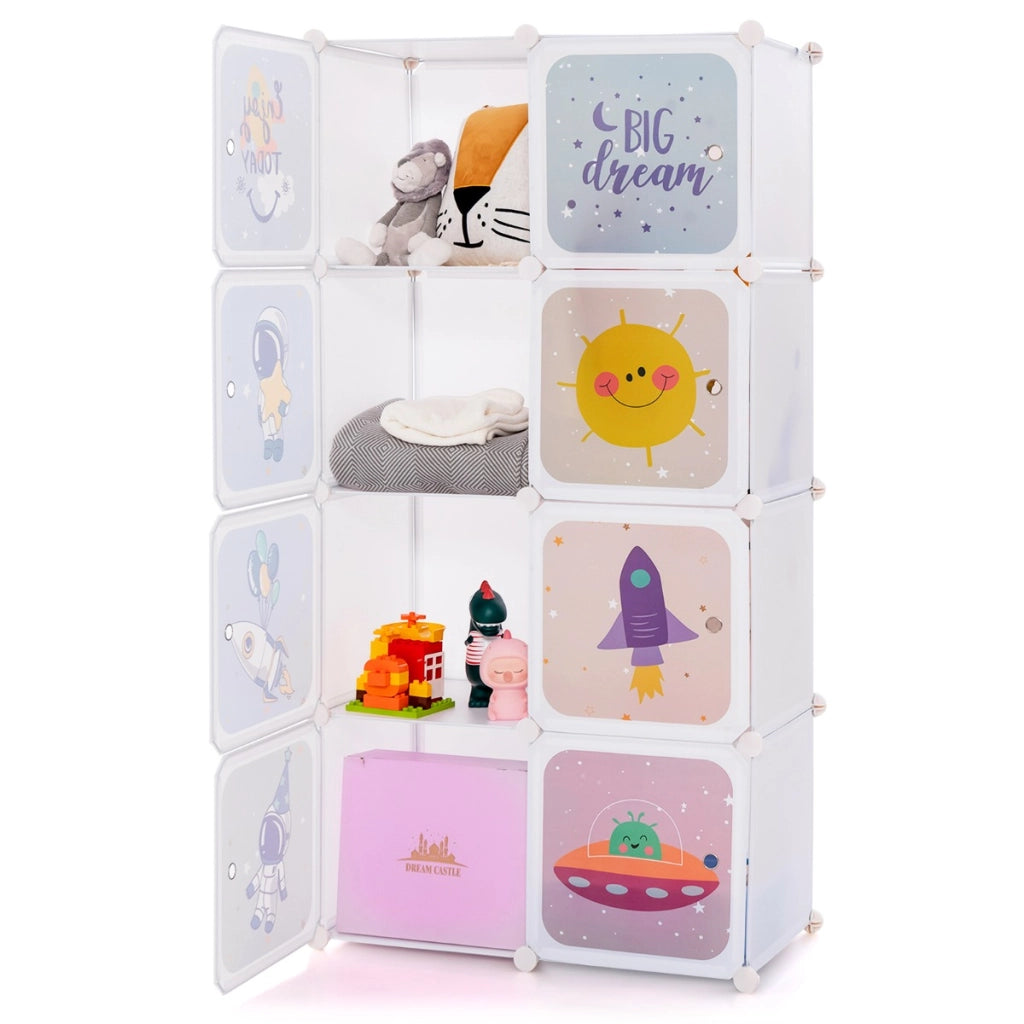 Armadio per bambini a 8 cubi con ante e sezione appendiabiti-Scaffale modulare carino per sala giochi e camera da letto Bianco