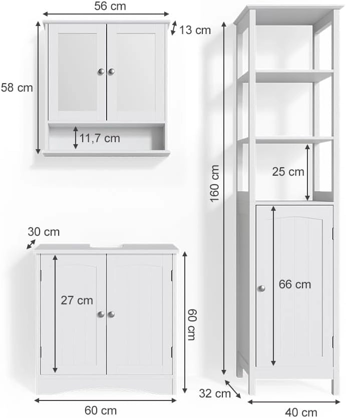 Set mobili bagno Bianco, Bianco, 60 cm, composto da mobile sottolavabo, specchiera e colonna alta