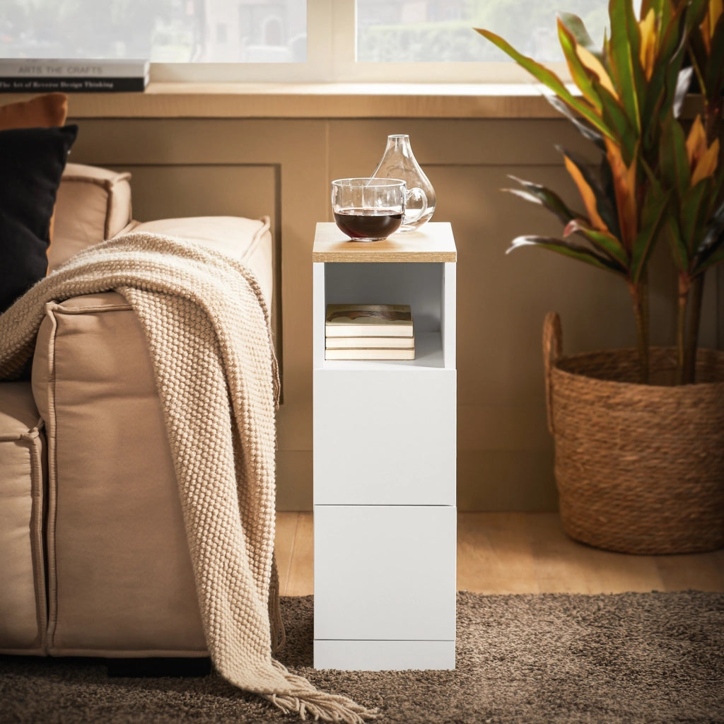 SoBuy Comodino Sottile comodino per camera da letto con 2 Cassetti e ripiano comodini per camera da letto e soggiorno Tavolino divano Bianco L20 x P35 x A60 cm FBT149-WN