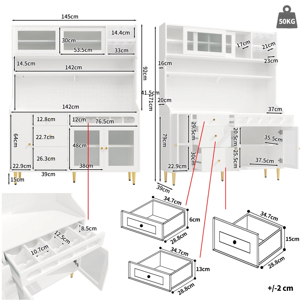 Credenza da Cucina con 1 Cassetto; 3 Ripiani Regolabili; Porta Scorrevole in Vetro e LED; in MDF; Bianco