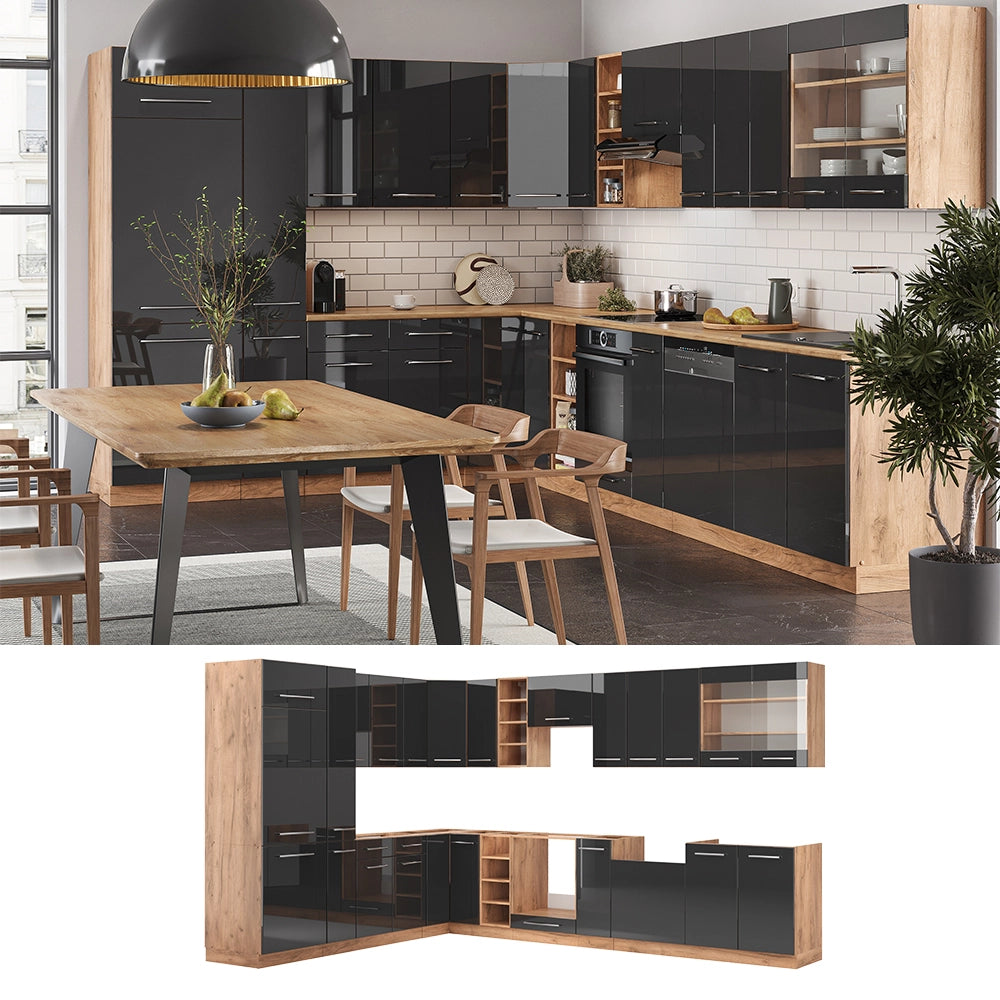 Cucina angolare completa Fame-Line Antracite lucido/Rovere dorato 347 x 60 cm, PL Rovere Vicco