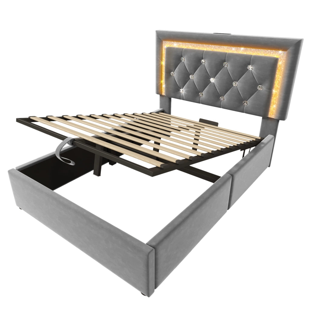 Letto singolo 90x200 cm in velluto grigio con LED; presa USB e Type-C; contenitore e materasso