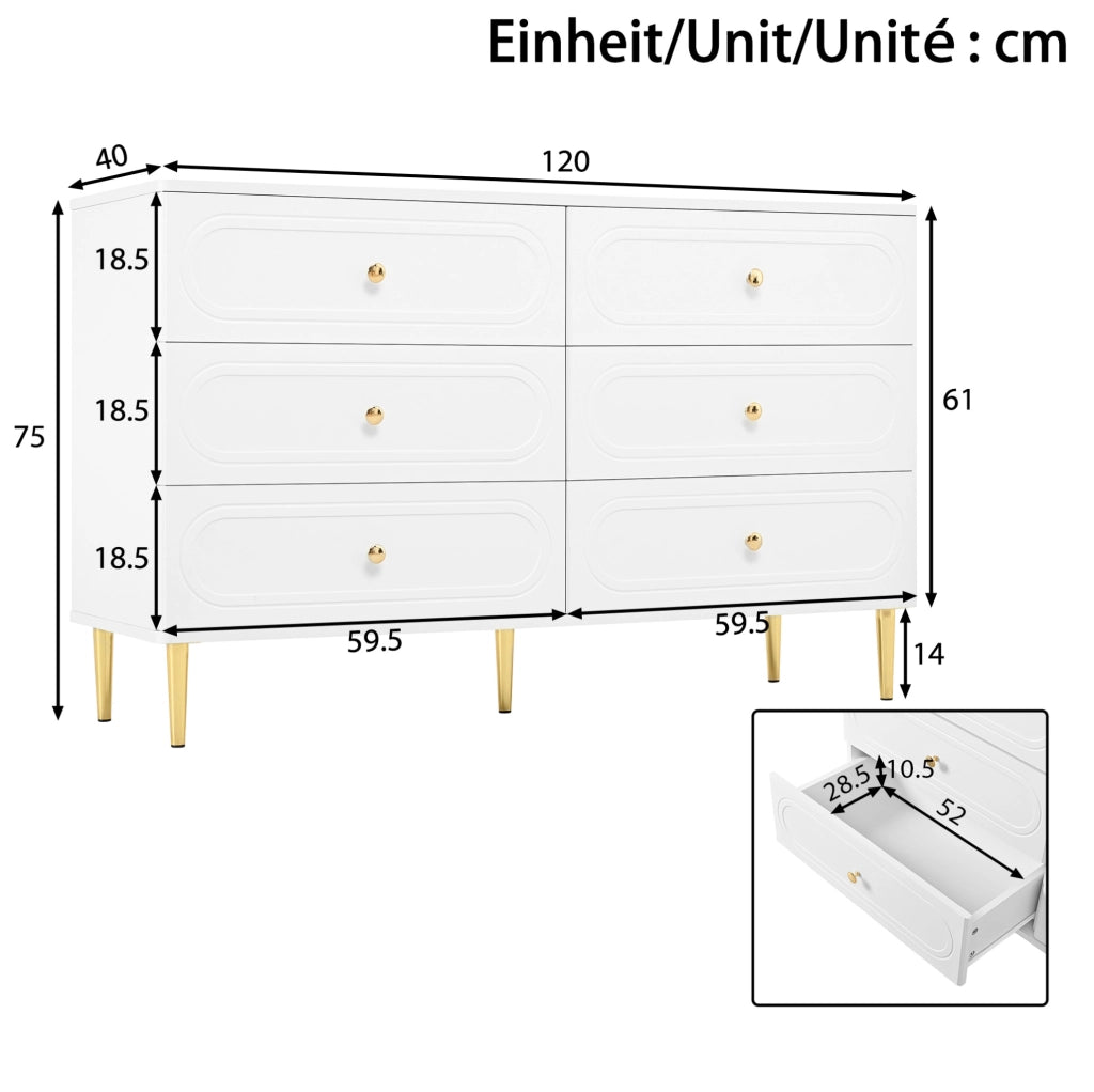 Credenza ULEVR 120x40x75 cm con 6 cassetti e piedini in metallo, bianca