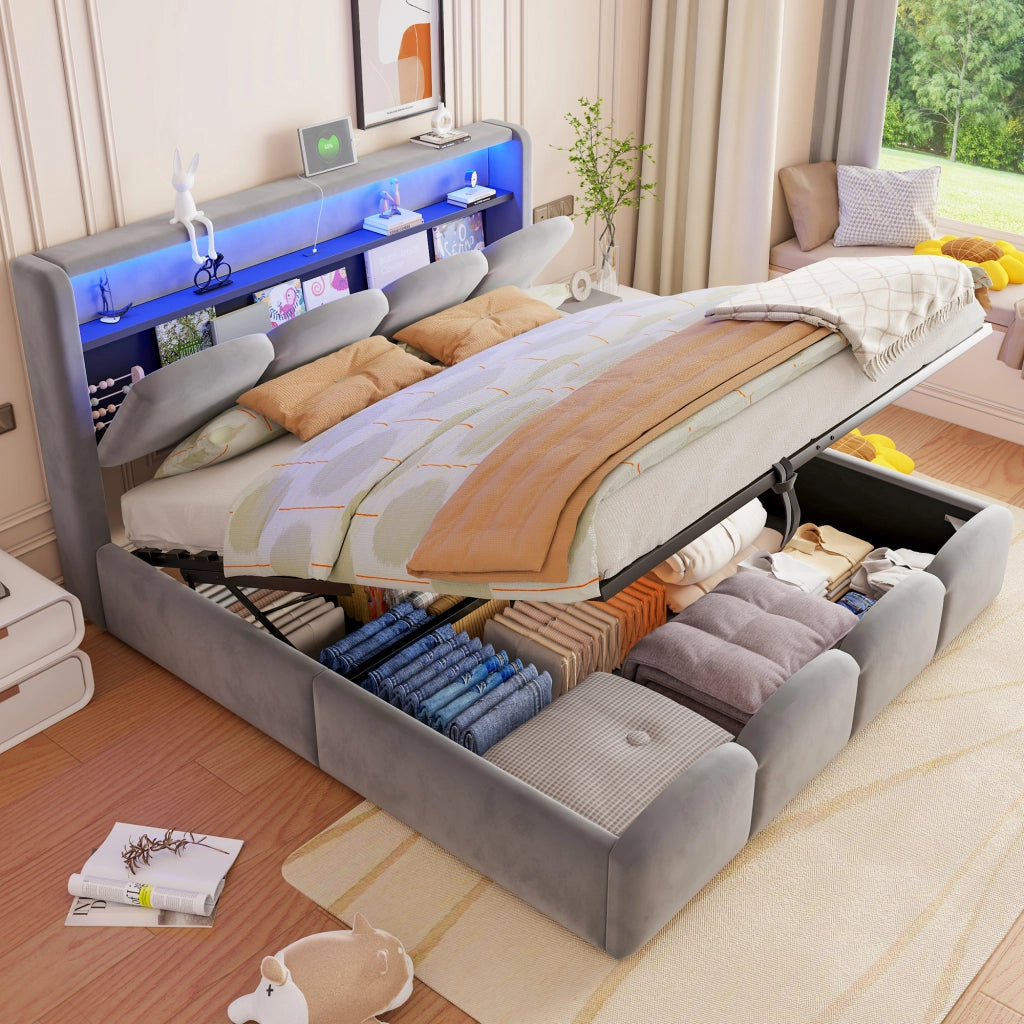 Letto imbottito matrimoniale 140 × 200 cm con contenitore, testiera con USB e Type-C, LED e velluto grigio