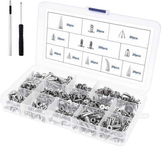 Spine Nails 200 pezzi - Stami per metallo - Accessori DIY - Decorazione Punk - Zinco - Incluso attrezzo