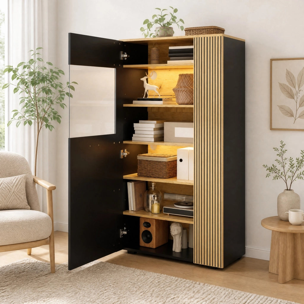 Mobile contenitore moderno 80x40x146 cm in truciolare con LED 16 colori; nero e naturale