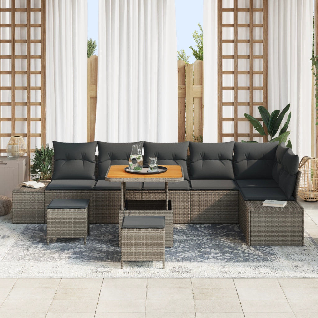 Set di Divani da Giardino 9 Pezzi con Cuscini Grigio Polyrattan Acacia