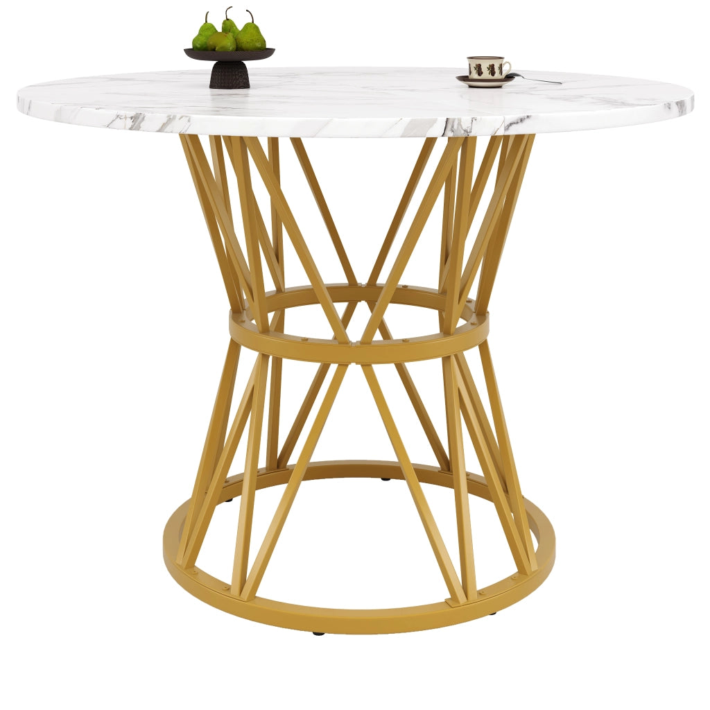Tavolo da Pranzo Rotondo ¨C MINIMAL ¨C Piano Effetto Marmo MDF, Gambe Metallo Oro, 100x100x76