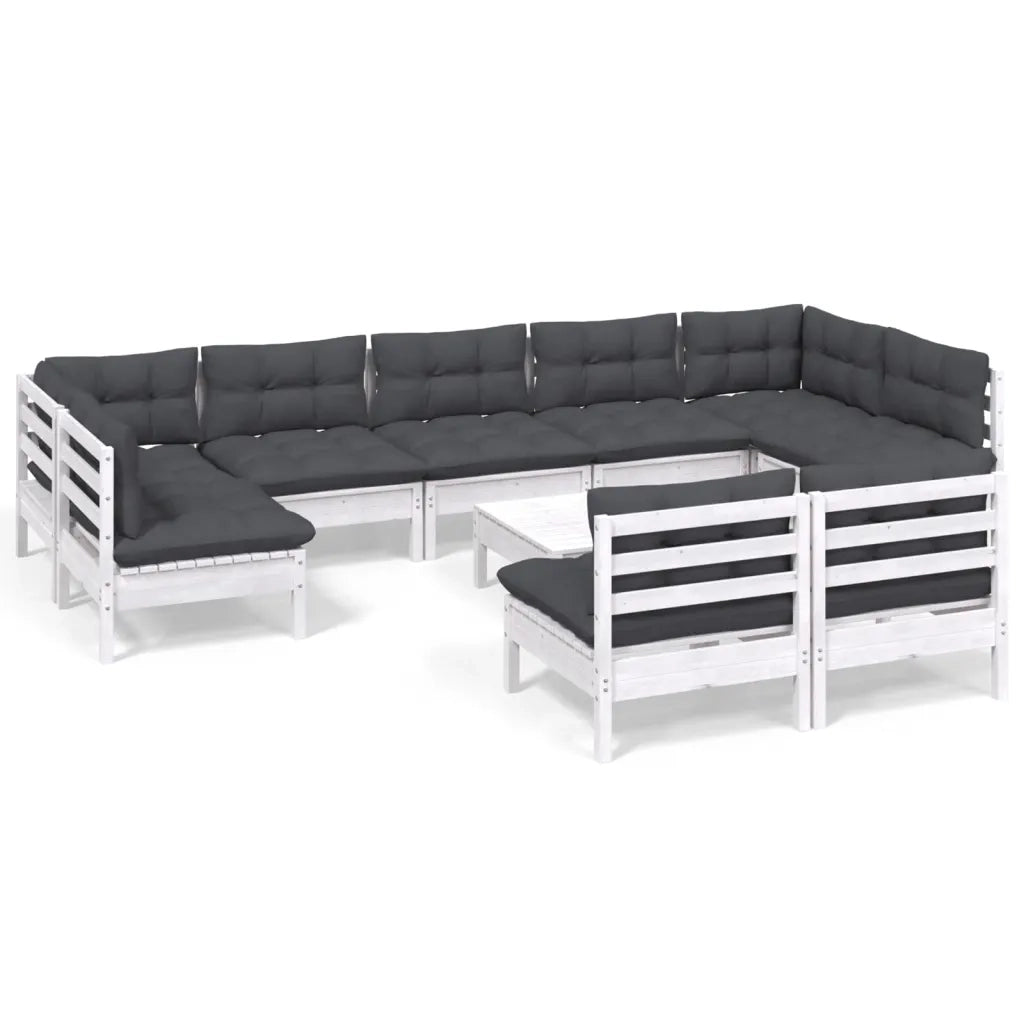 Set Divani da Giardino 10 pz con Cuscini Bianchi Legno di Pino 3097206