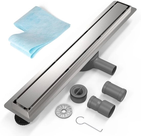 Docciasifone a getto 70 cm - Acciaio inossidabile - Sifone con chiusura a getto - Bacinella per capelli - Tubo di connessione DN50/DN40 - Pellicola impermeabile - Fessura di scarico