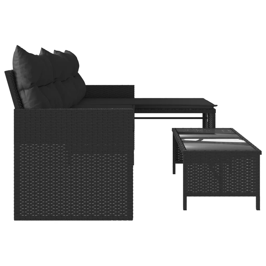 Divano da Giardino con Tavolo e Cuscini a L-Sofa da Giardino-Divano da esterno Nero in Polyrattan 180919