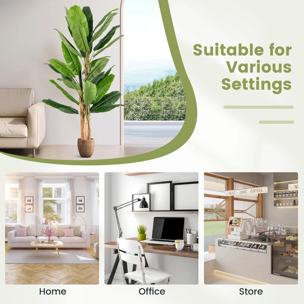 Albero di foglie di banana artificiale con vaso di fiori finti per decorazione interna, pianta tropicale, decorazione per ingresso, soggiorno, balcone, ufficio, 195 cm