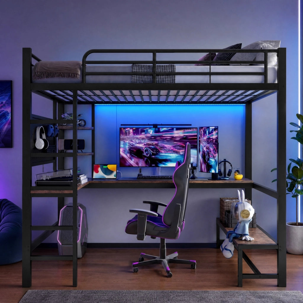 Letto a soppalco 90x200 cm con scrivania, LED e USB-C