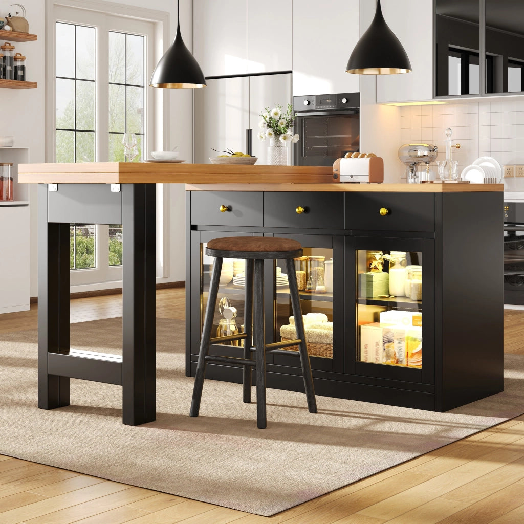 Isola da cucina, tavolo allungabile, illuminazione a LED, 3 cassetti, ante in vetro, nero