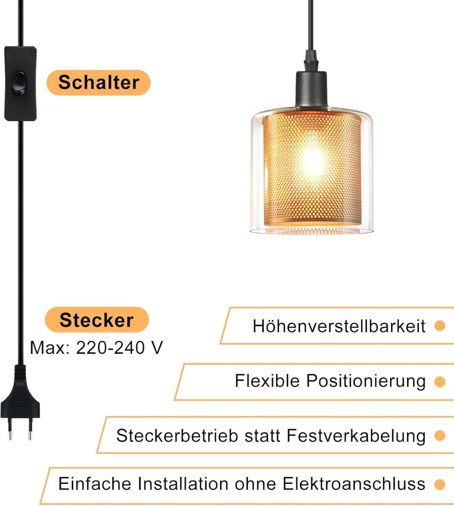 Lampada a sospensione ZMH vintage con 1 fiamma in vetro dorato spina E14 e interruttore cavo in metallo da 4,5m