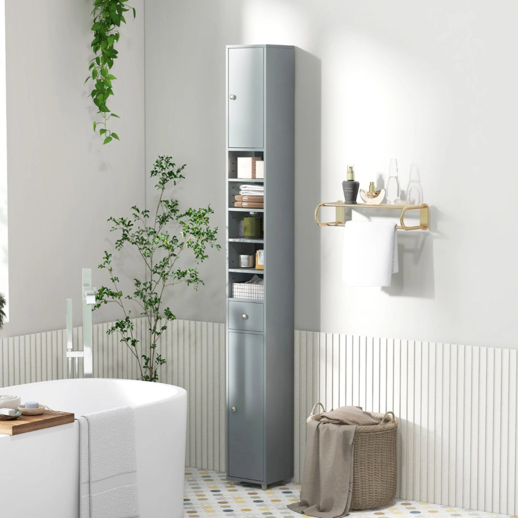 Mobile colonna da bagno con 2 ante 1 cassetto e 5 ripiani regolabili-Colonna bagno da terra salvaspazio Grigio