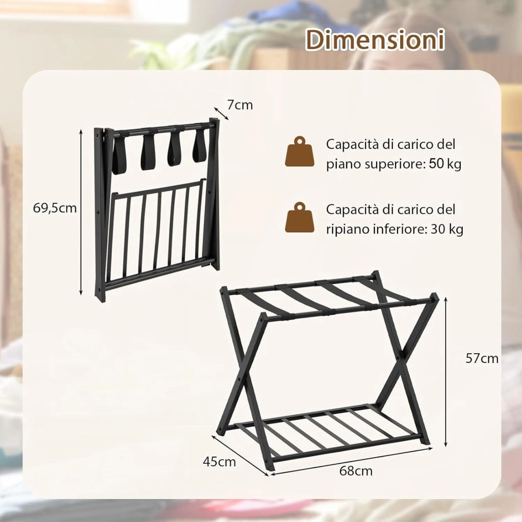 Portavaligie Pieghevole in Metallo 2 Pezzi 68 x 45 x 57 cm, Cavalletto Reggivaligie Multiuso con 2 Ripiani, Portabagagli Salvaspazio per Casa e Hotel Robusto, Portata 80 kg (Nero)