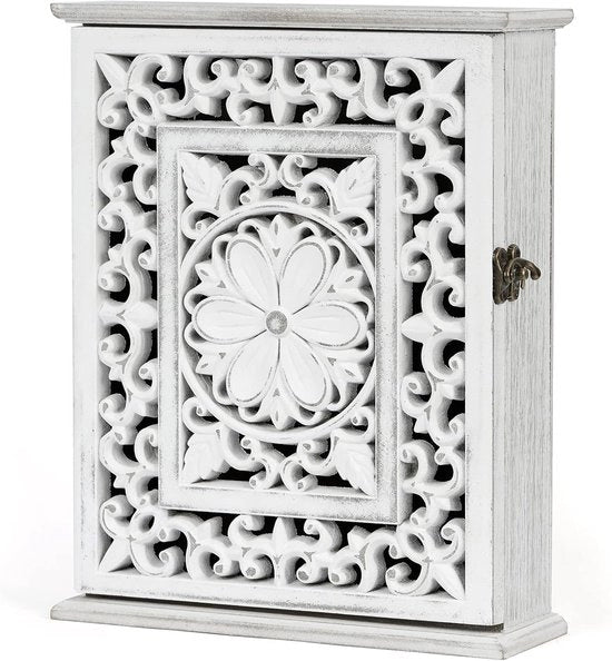 Cassettone in legno con 6 ganci - stile vintage bianco - 27 x 21 x 7 cm