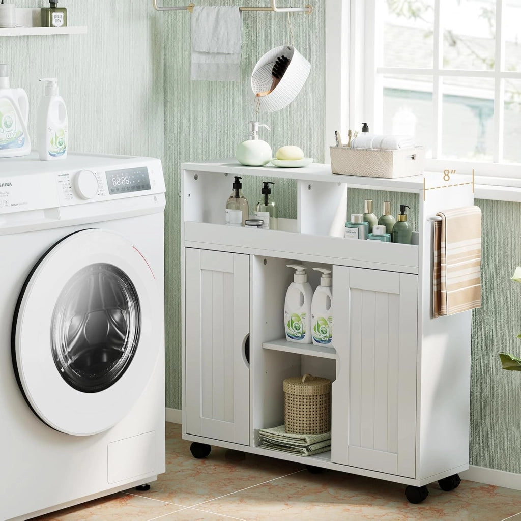 Mobile Bagno con Ruote, Mobiletto Laterale con Ripiano Regolabile, Porta Asciugamani e Ruote, Mobile Indipendente a Terra per Soggiorno, Cucina e Ingresso, 75 x 20 x 72 cm