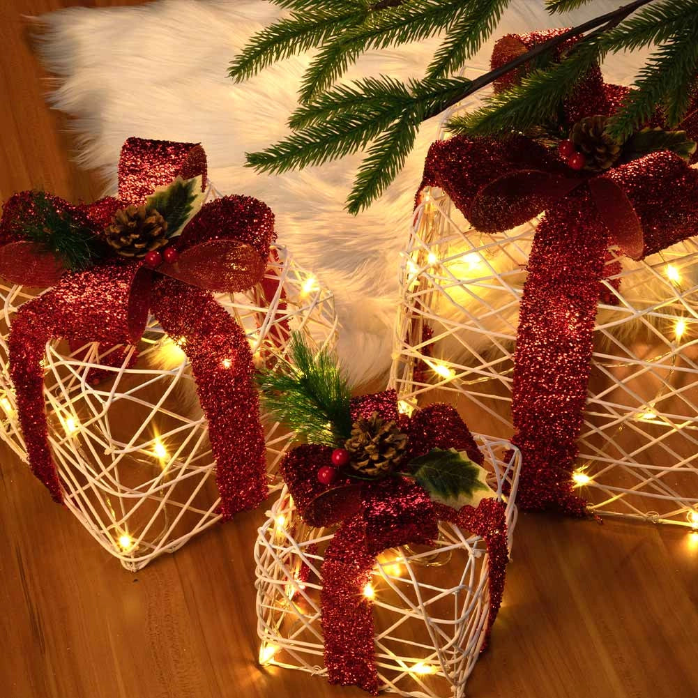 Set 3 Pacchi Regalo Natale Luminosi Bianco Rosso LED Decorazione Interno Esterno