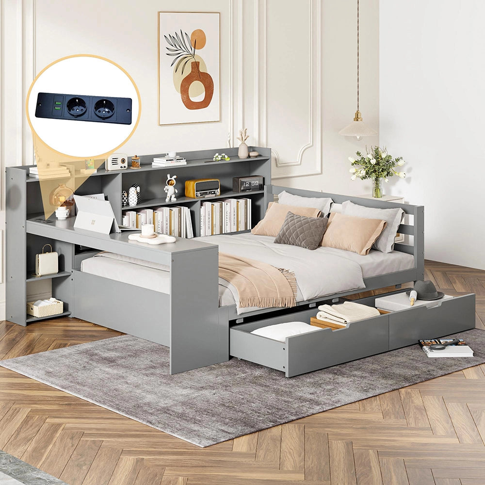 Divano letto-Xylo-140x200 cm-scrivania, 2 contenitori, prese, legno grigio