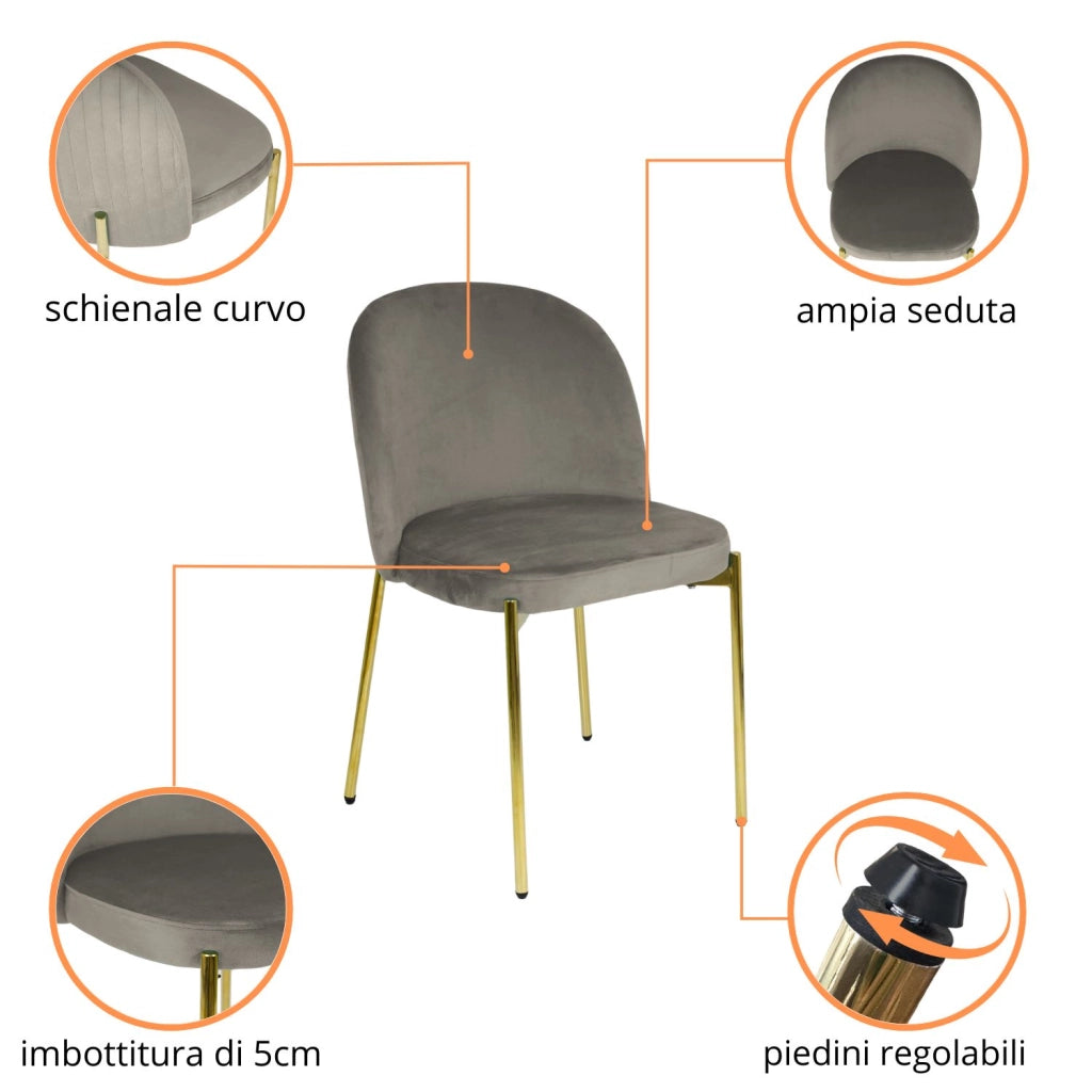 Sedia in Velluto con Gambe Oro Chiara Sedie in Metallo Dorato Poltroncina con Seduta Imbott 1 SEDIA CHIARA TORTORA / ORO