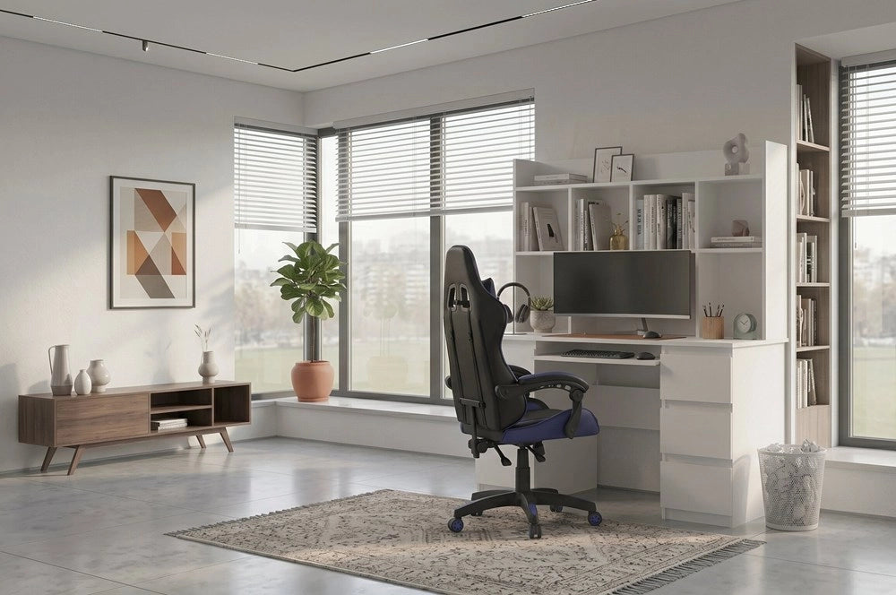 Scrivania KUBA con alzata bianco + poltrona REMUS blu set 6 cassetti per ufficio e studio