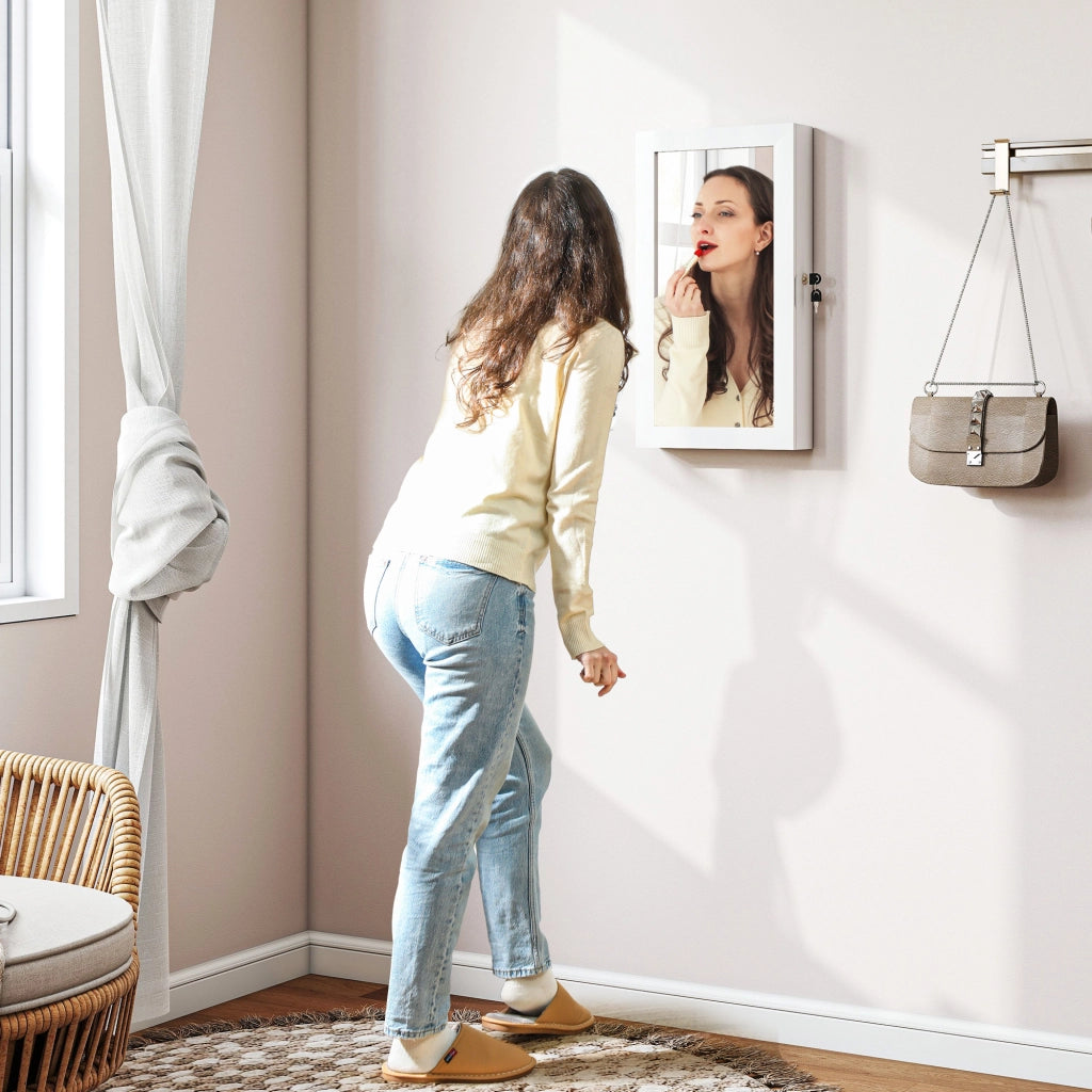 Mobiletto Portagioie a Specchio con Design a Muro e 2 Chiavi di Sicurezza, in Legno, 36.5x9.5x67 cm, Bianco