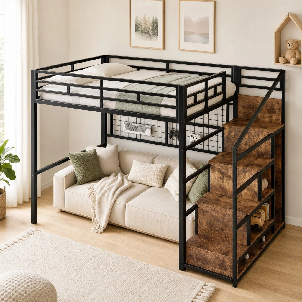 Letto a soppalco 140x200 cm con armadio e LED, nero