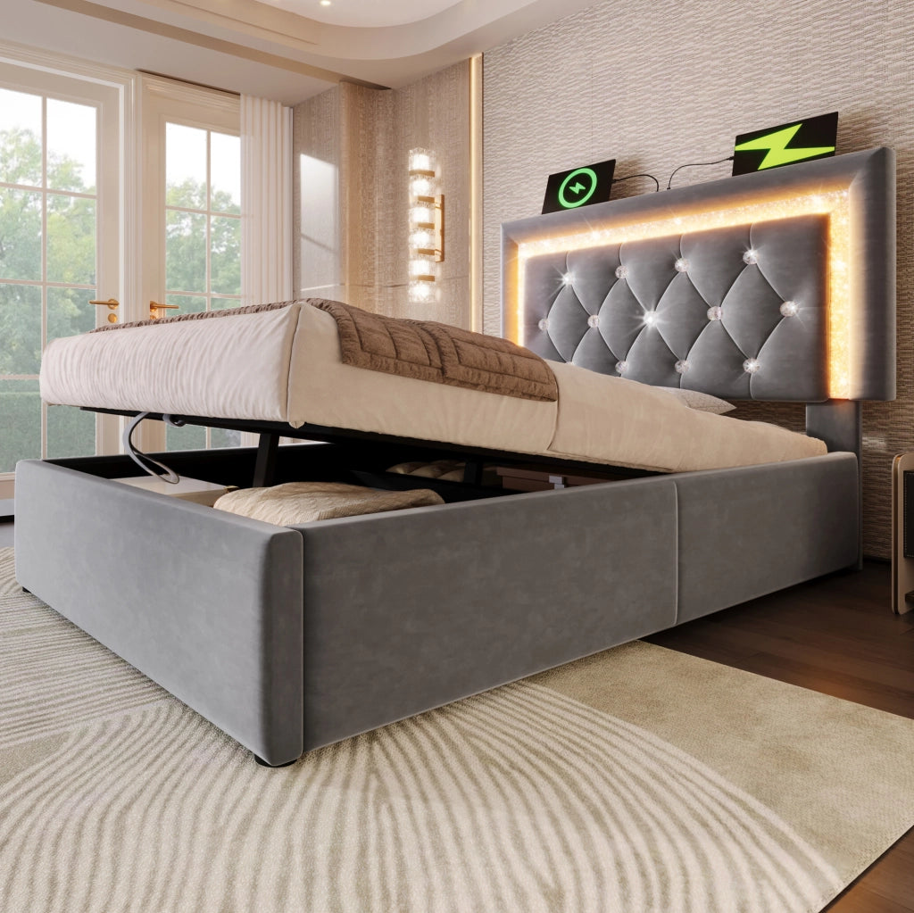 Letto imbottito 90x200 cm in velluto grigio con LED; USB Type-C; contenitore e materasso
