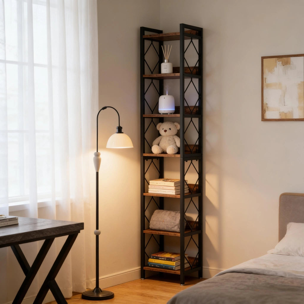 LIBRERIA ANGOLARE 34x34x200 cm 7 RIPIANI NERO/MARRONE RUSTICO