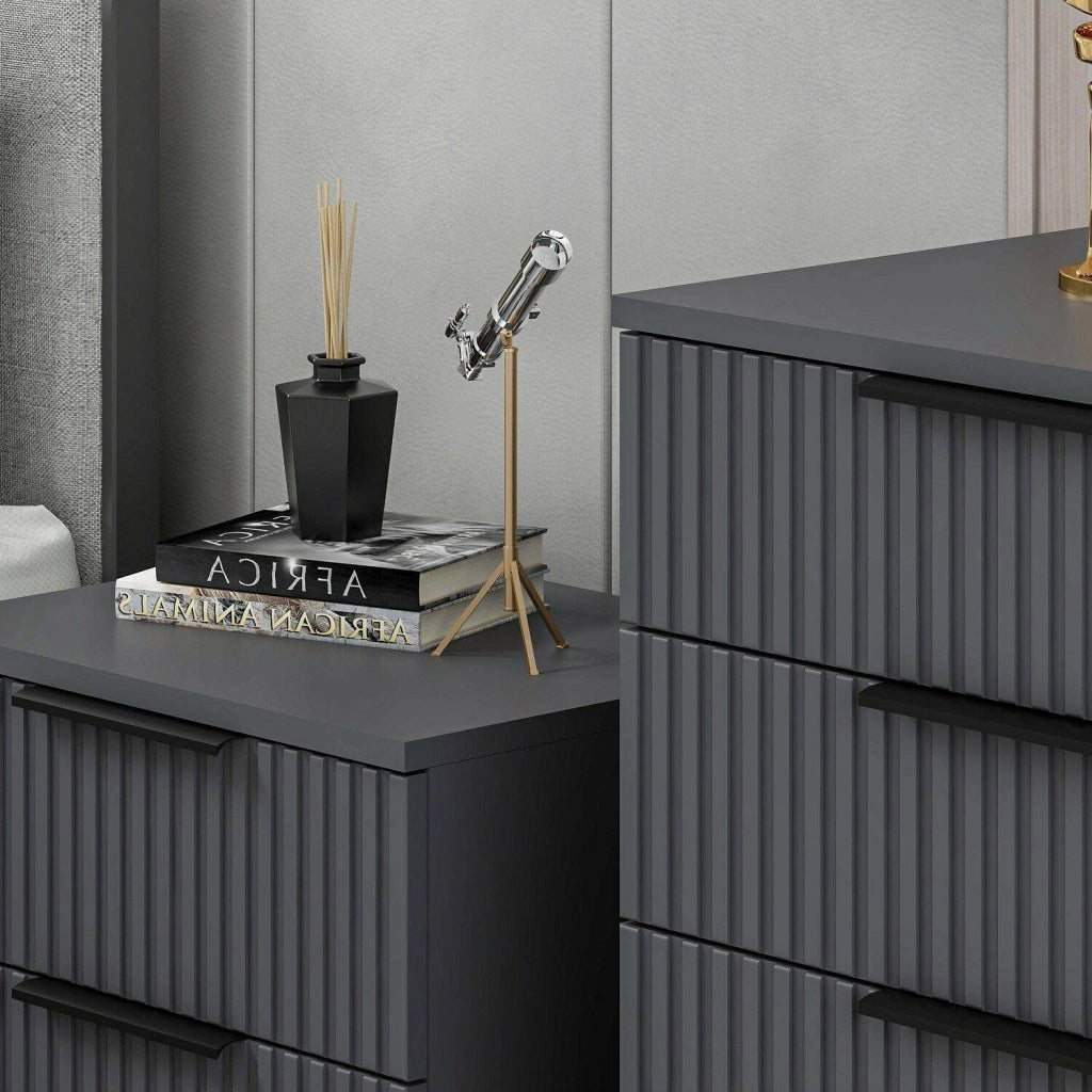 Meranti, Comodino 2 Cassetti, 50x40x47h cm Nero Antracite