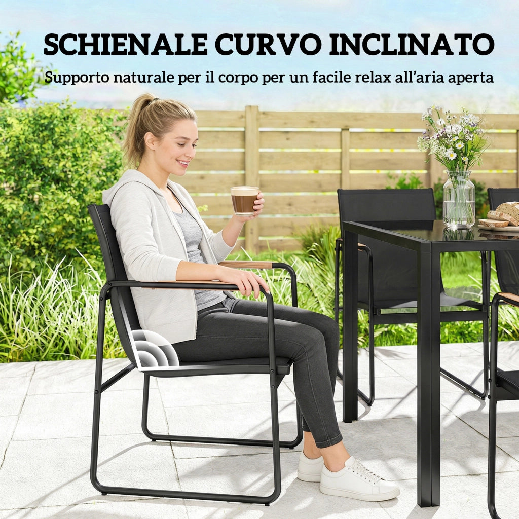 Set 7 Pezzi con Tavolo 150x80x73 cm e 6 Sedie da Giardino con Braccioli in Acciaio e Vetro Nero