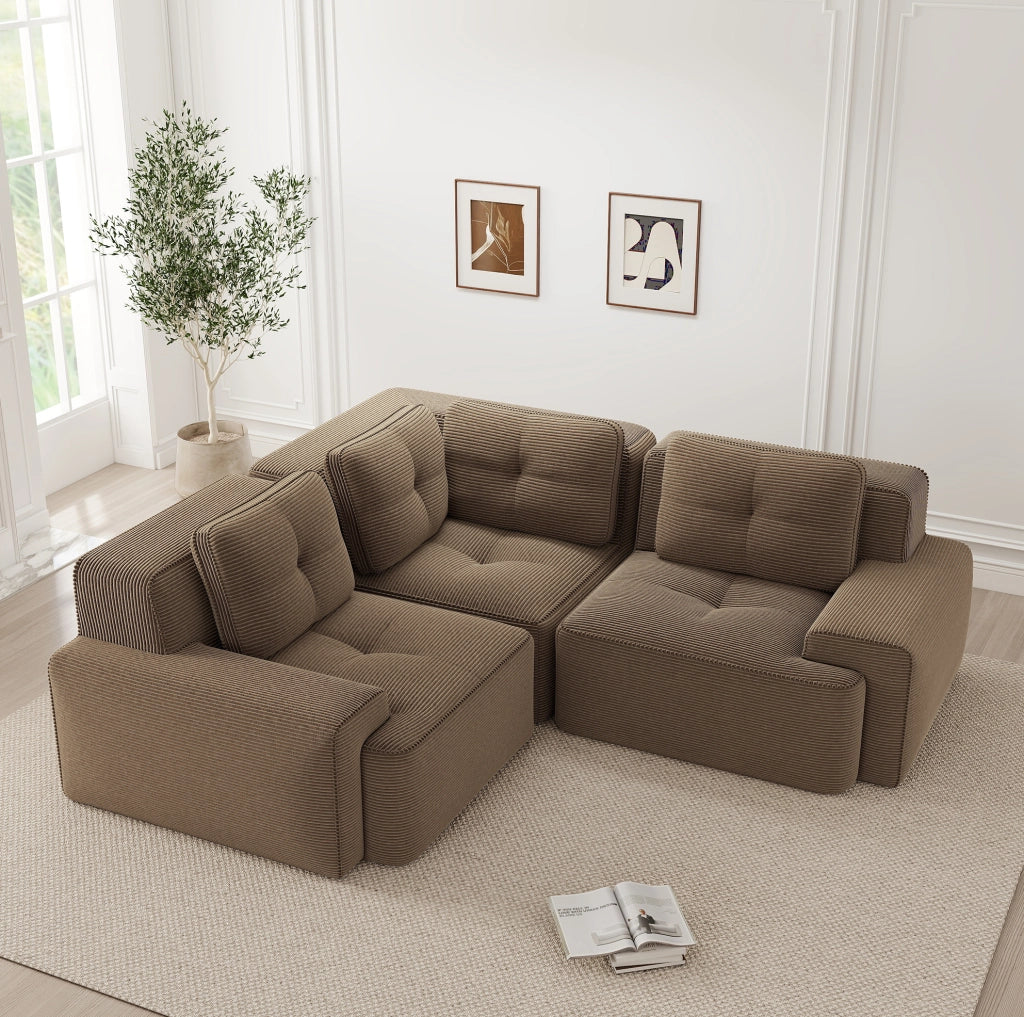 Divano angolare modulare 206x206x69 cm in velluto a coste marrone con seduta profonda